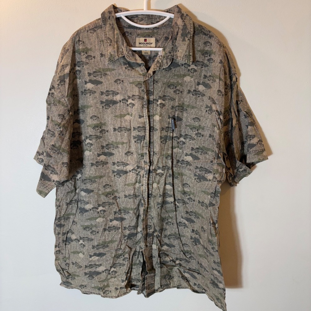 Woolrich‎ Fish Camo Button Down Shirt Mens 2XL Green Brown Short Sleeve Vintage